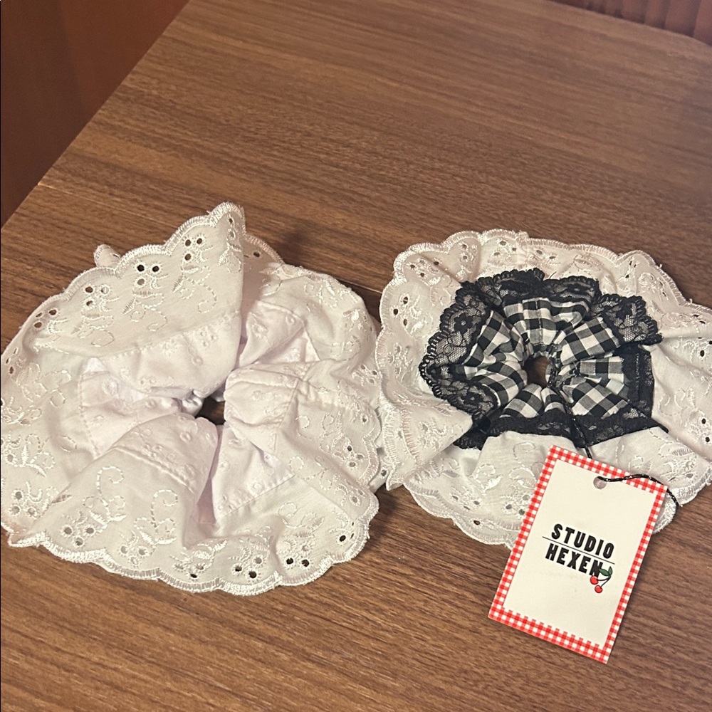 White Eyelet Lace Large Scrunchies - Set of 2